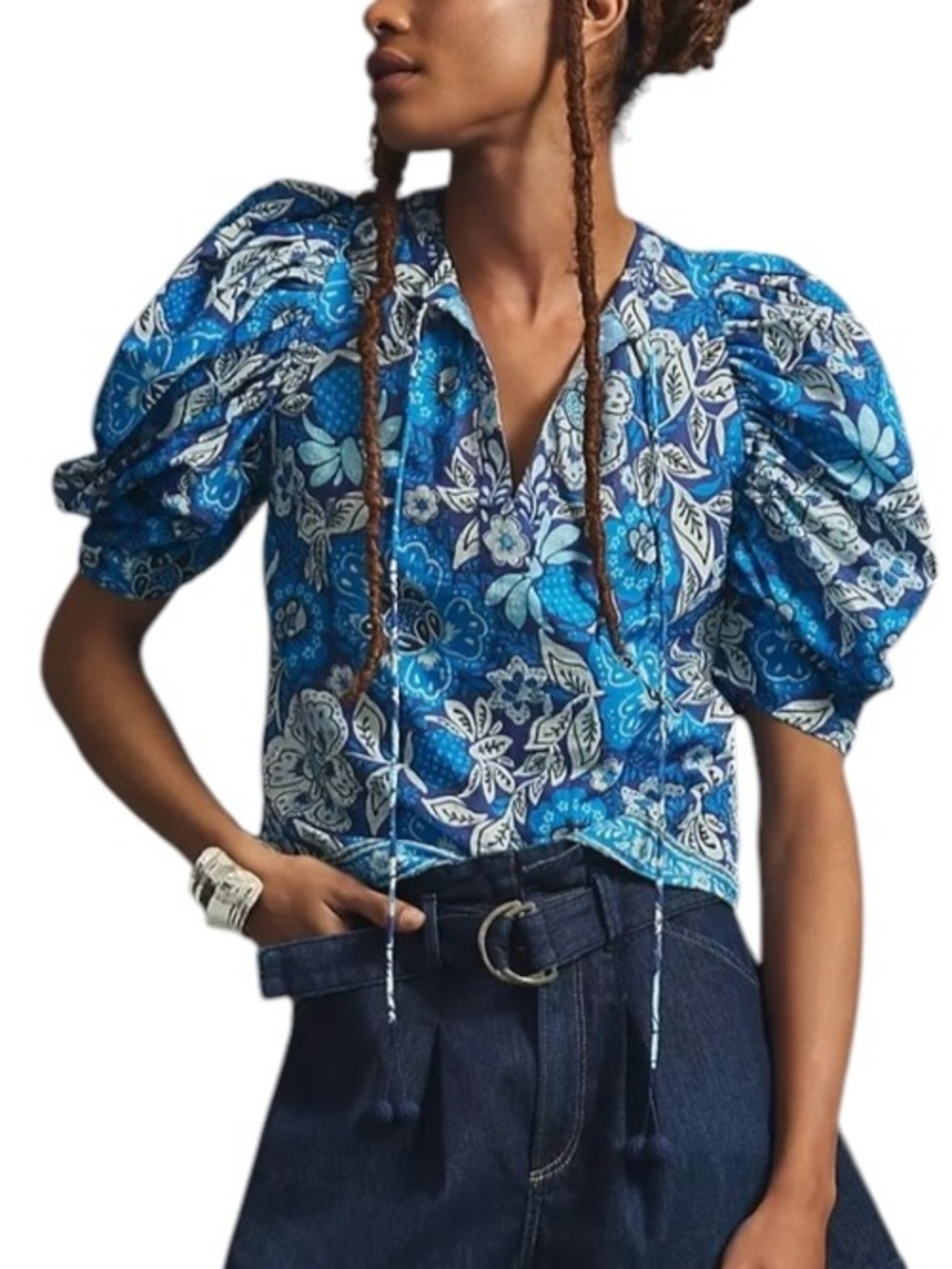 Farm Rio Full Of Flowers Puff Sleeve Top S Anthropologie Blue Cotton Blouse Y2K
